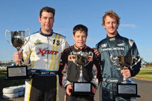 Reigning CIK Stars of Karting Series presented by Castrol EDGE Series Champions Matthew Wall (left), Pierce Lehane (centre) and Cian Fothergill (right). Pic: AF Images