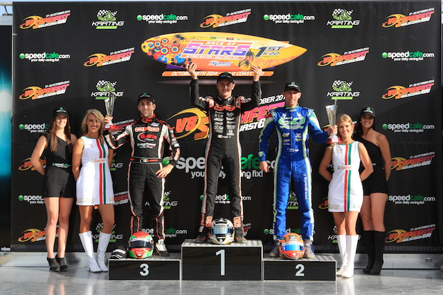 Lorenzo Camplese (L-3rd), Davide Fore (C-1st) and Daniel Bray (R-2nd) on the KZ2 podium