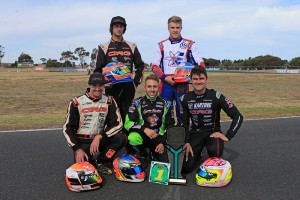 The five KZ2 Championship contenders with the Australian Kart Championship trophy (Pic: Coopers Photography)
