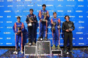 Pro Tour Grand Final Junior Max podium (From L-R); Cameron Longmore – 4th, Aaron Cameron – 2nd, Zane Morse – 1st & Rotax MAX Australian Challenge Champion – Junior Max; Joshua Fife – 3rd, Reece Sidebottom – 5th (Pic: Coopers Photography)