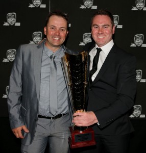 DPE Kart Technology's Darren Hossack and Bart Price with the Karting Australian Manufacturers Champion Trophy (Pic: Coopers Photography)