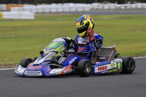 Scott Sorensen crossing the line for victory in Round Two of the SP Tools Australian Kart Championship (Pic: Coopers Photography)